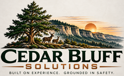 Cedar Bluff Solutions cedar tree, deer, and bluff company logo